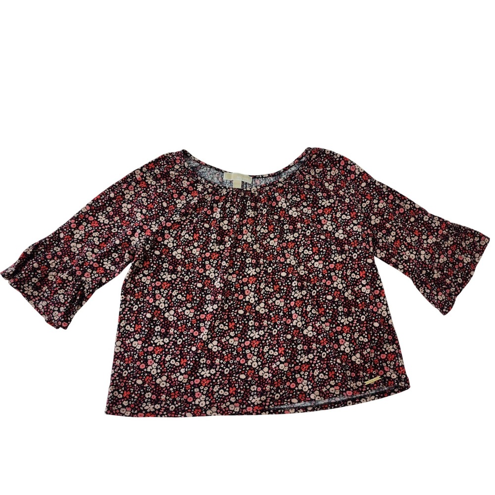 Michael Michael Kors Womens Large Floral Bell Sleeve Blouse Pink Red Black Top